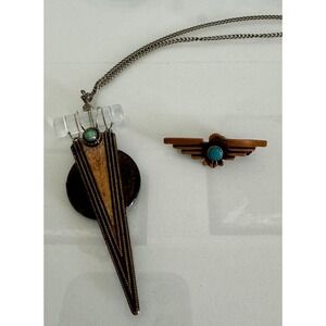 Vintage Copper Turquoise Necklace Pendant Pin Eagle Bird MCM Art Deco